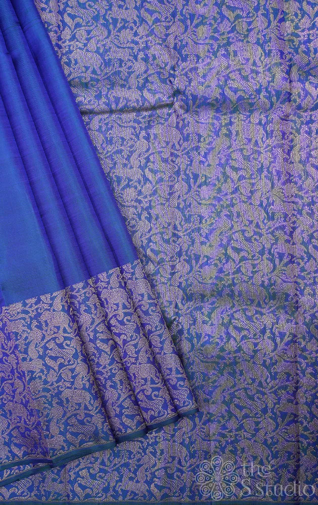 Peacock blue kanjivaram silk saree with vanasingharam border and pallu