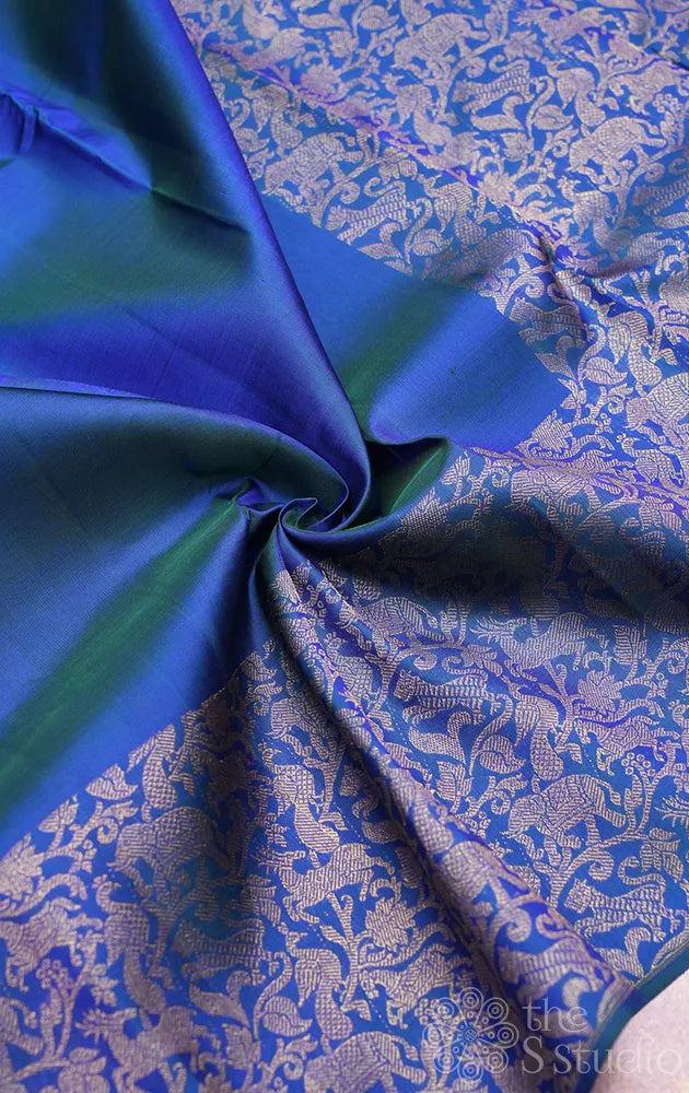 Peacock blue kanjivaram silk saree with vanasingharam border and pallu