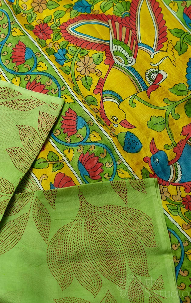 Pista Green organza block printed saree with hand painted kalamkari pallu