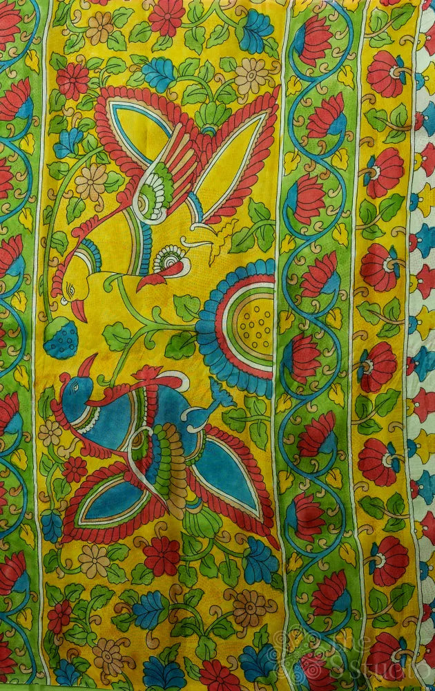 Pista Green organza block printed saree with hand painted kalamkari pallu