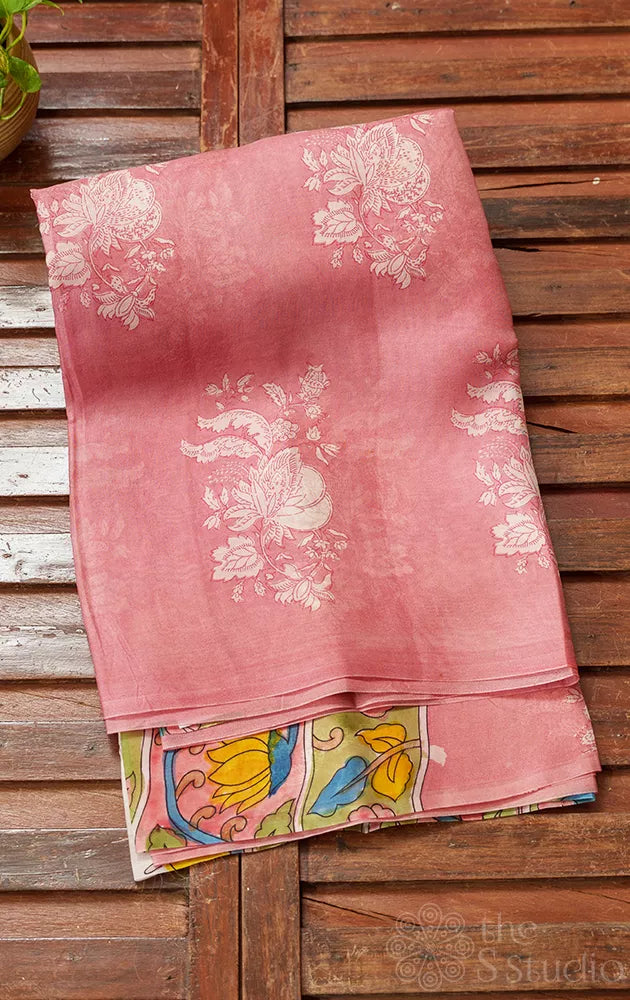 Dusty Pink Organza saree with floral block print and hand painted kalamkari pallu