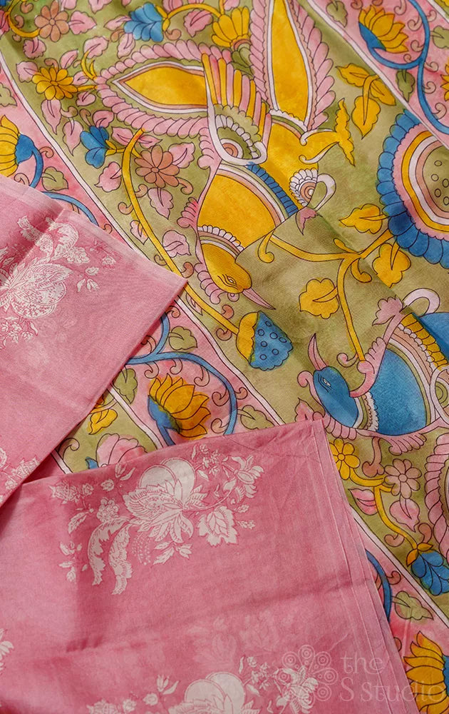 Dusty Pink Organza saree with floral block print and hand painted kalamkari pallu