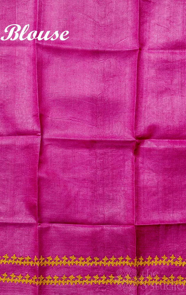Floral printed Magenta organza saree with hand kutch embroidery