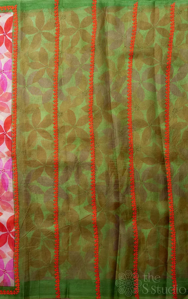 Orange and pink floral block printed organza saree with hand kutch embroidery