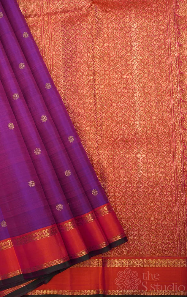 Purple kanjivaram silk saree with buttas and peach border