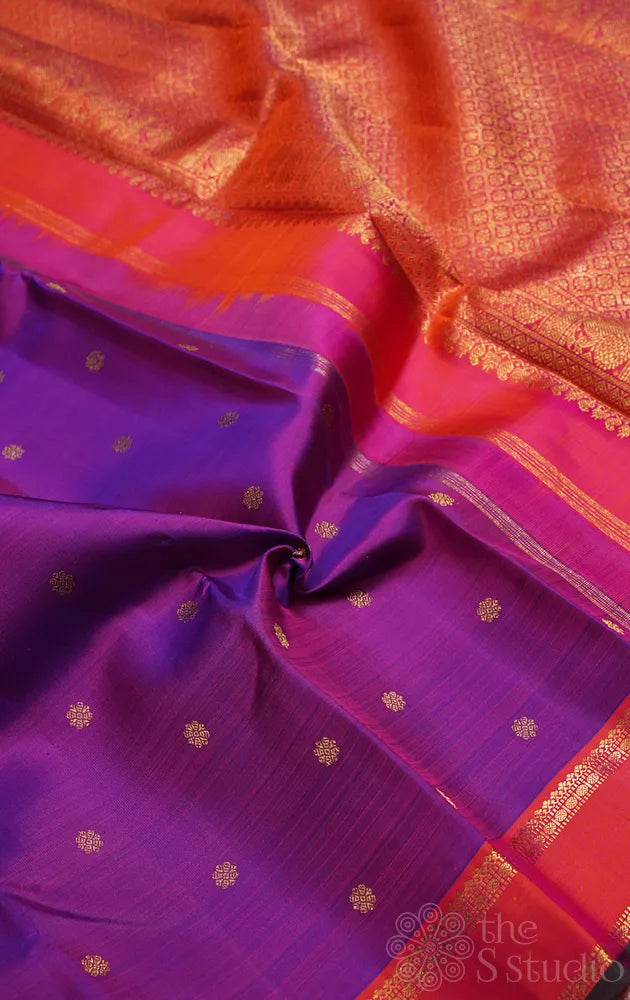 Purple kanjivaram silk saree with buttas and peach border