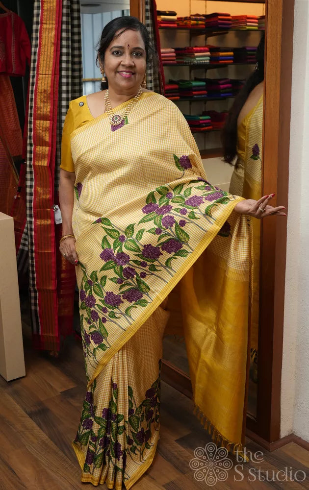 Off white and sampanga green checked digital printed kanchi silk saree