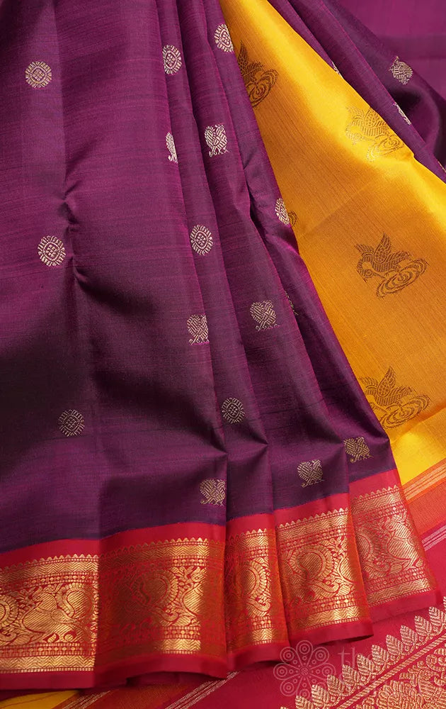 Deep purple korvai kanchipuram silk saree with yellow and red ganga jamuna border