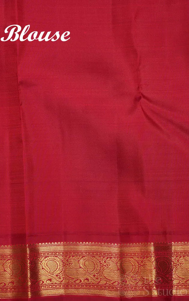 Deep purple korvai kanchipuram silk saree with yellow and red ganga jamuna border