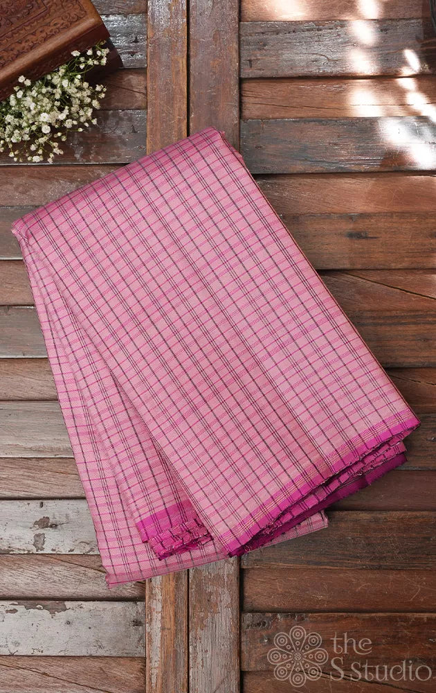 Onion pink kanchipuram silk saree with magenta checks