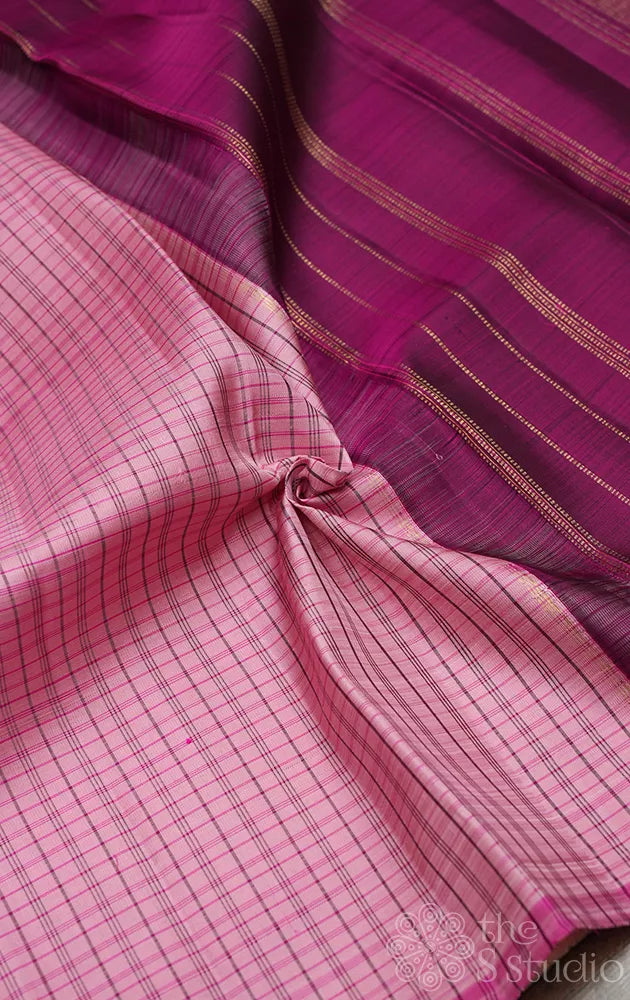 Onion pink kanchipuram silk saree with magenta checks