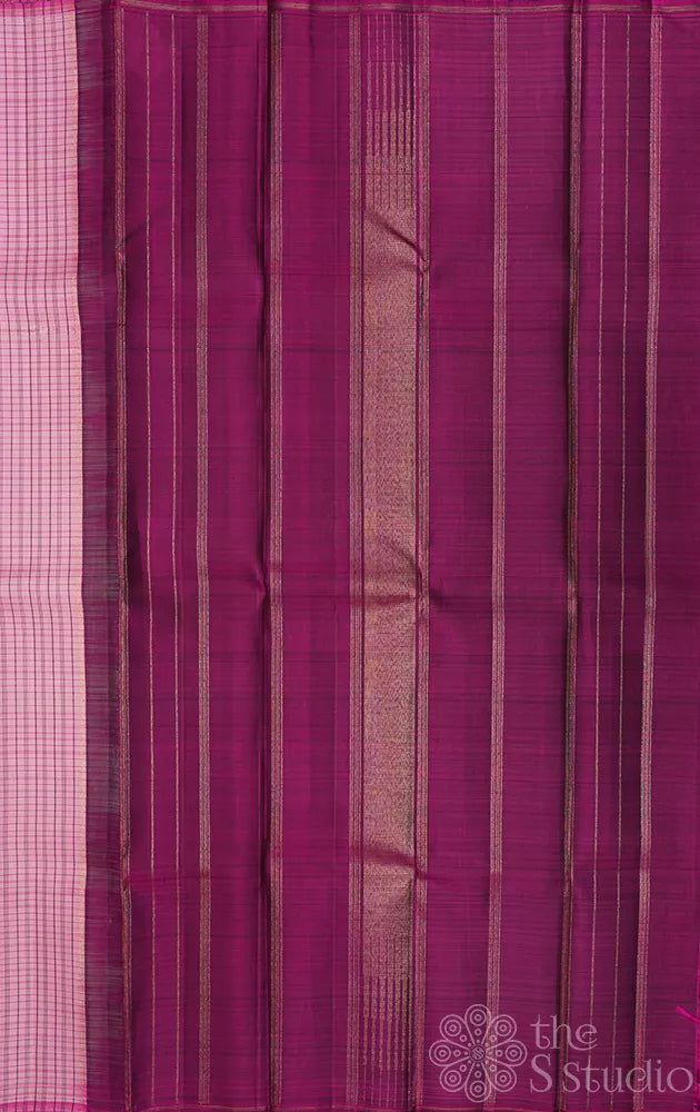 Onion pink kanchipuram silk saree with magenta checks