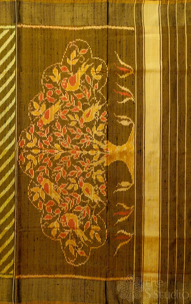 Mehandi Green rajkot patola ikkat pure silk saree with zari pallu