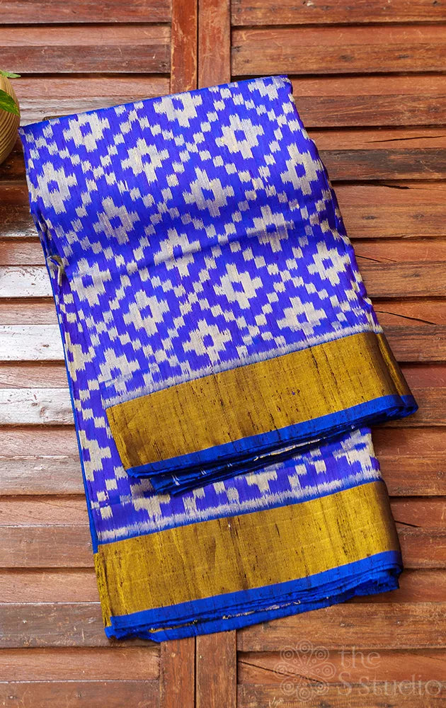 Royal blue rajkot patola ikkat pure silk saree with geometric diamond weave