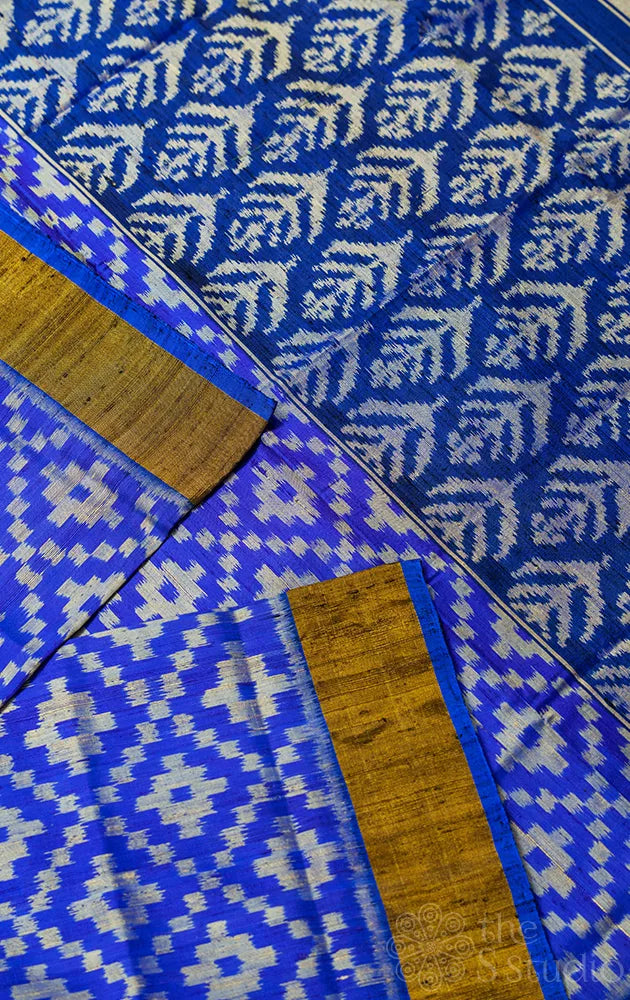 Royal blue rajkot patola ikkat pure silk saree with geometric diamond weave