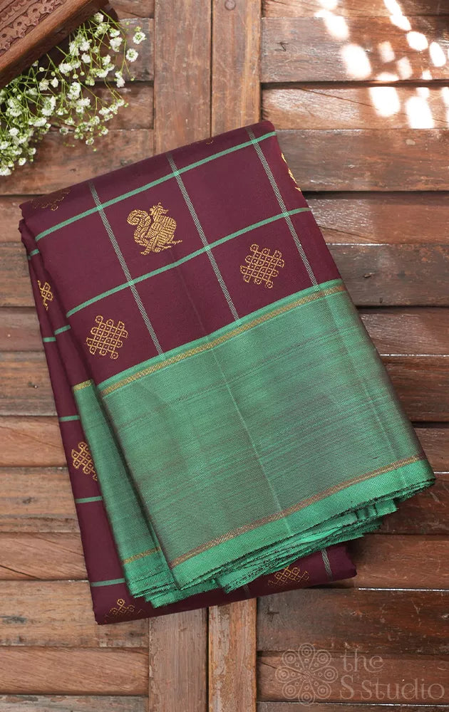 Brown zari checked kanchipuram silk saree with teal green border
