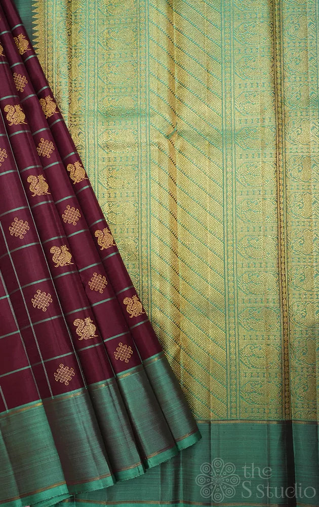 Brown zari checked kanchipuram silk saree with teal green border