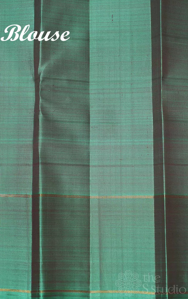 Brown zari checked kanchipuram silk saree with teal green border