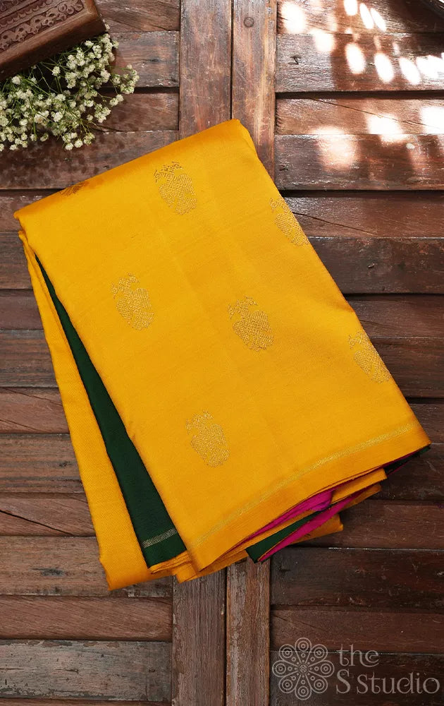 Mango yellow kanchipuram silk saree with double pallu