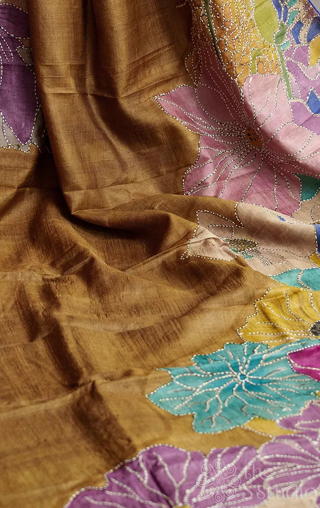 Khaki brown tussar silk saree with floral hand painting and hand embroidery