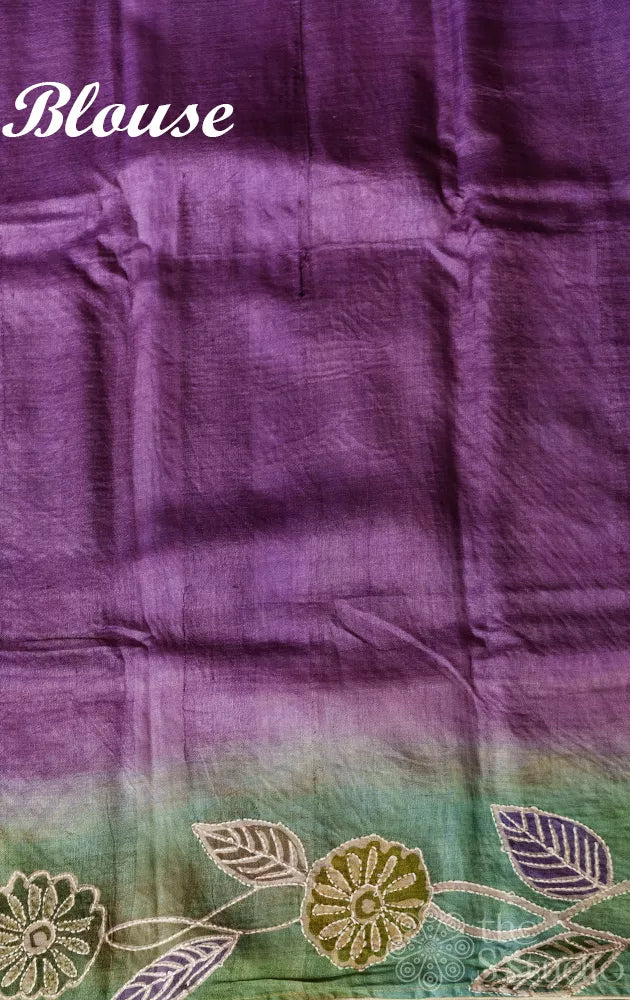Shades of green and blue tussar silk saree with hand batik print