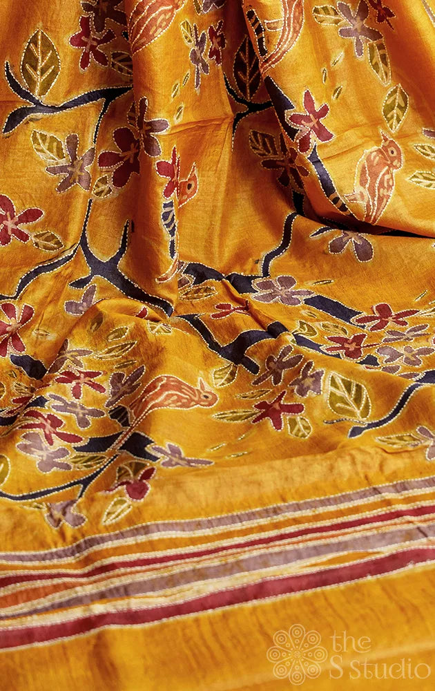 Mustard pure tussar silk saree with hand batik prints
