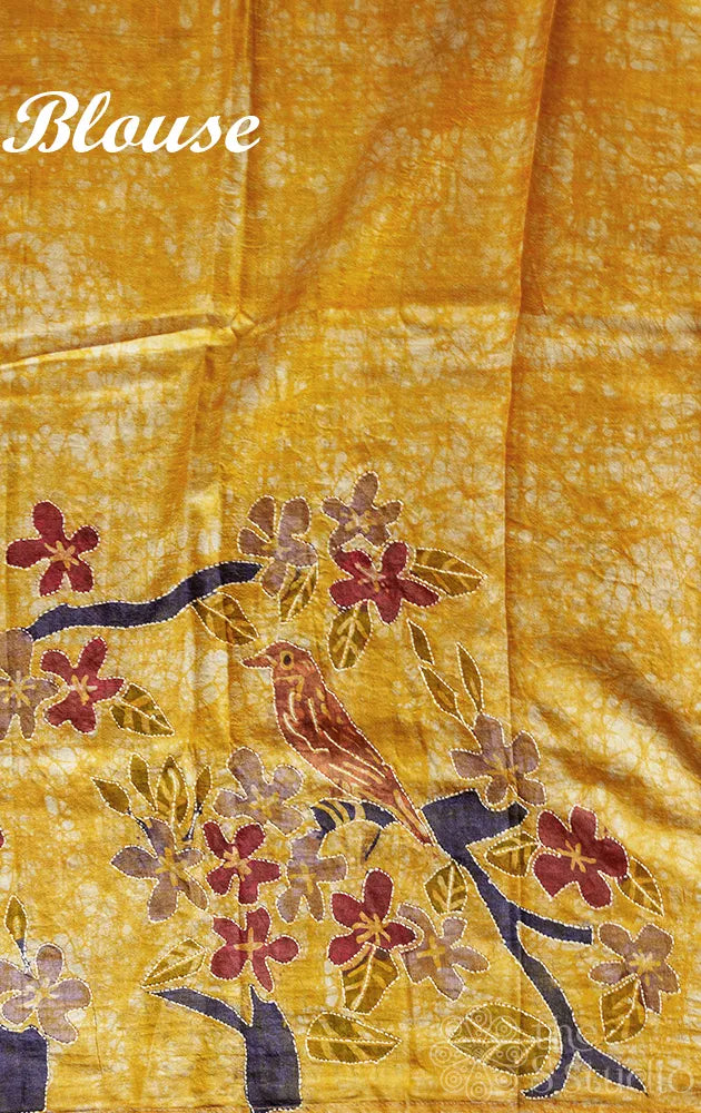 Mustard pure tussar silk saree with hand batik prints