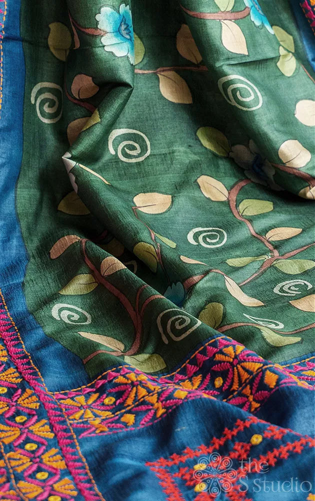 Dark green hand painted kalamkari tussar silk sarree with kathiawari hand embroidery