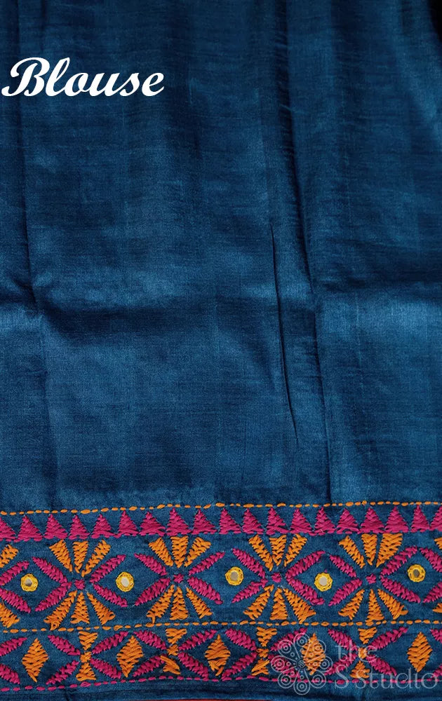 Dark green hand painted kalamkari tussar silk sarree with kathiawari hand embroidery