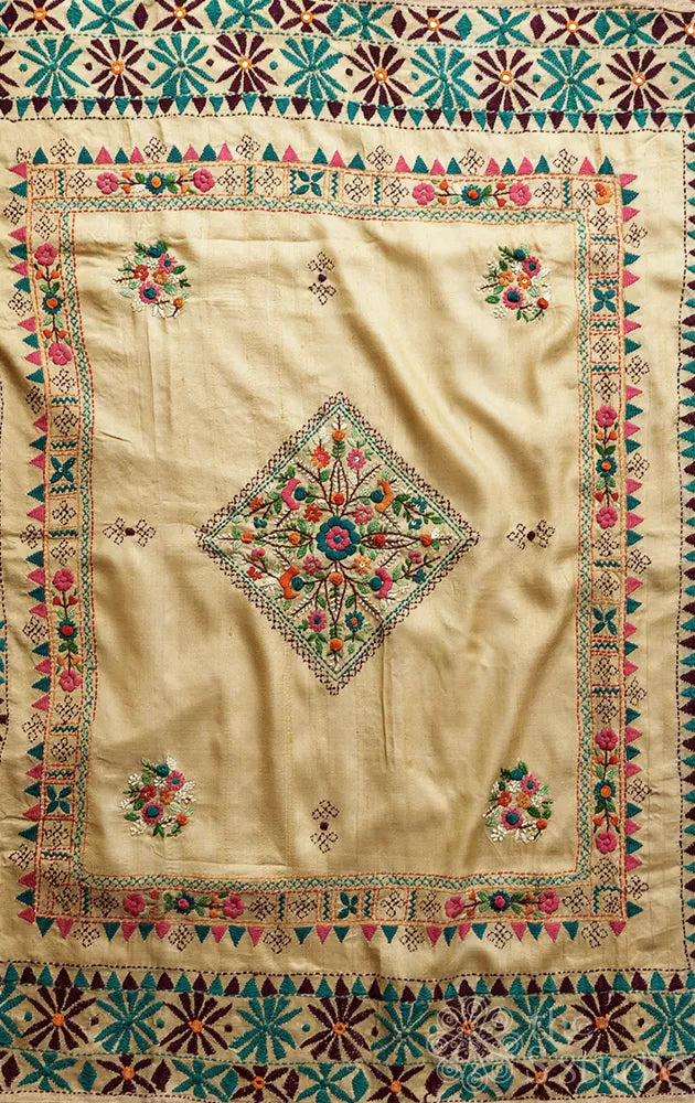 Off white tussar silk saree with kathiawari hand embroidery