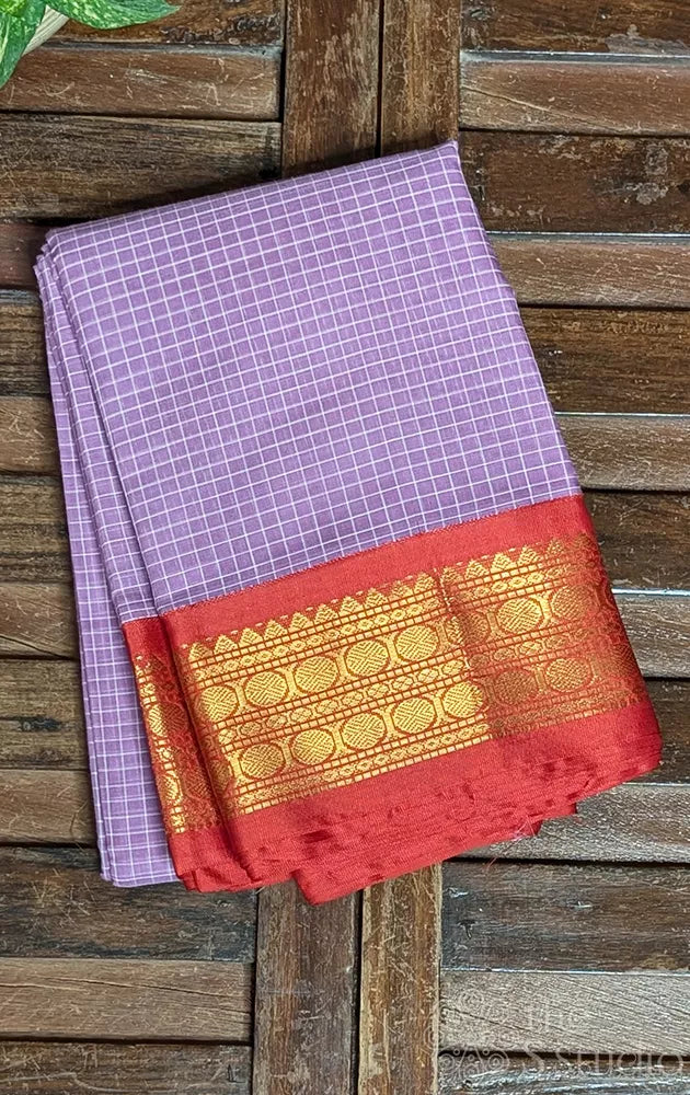 Lavender checked gadwal cotton saree with red border