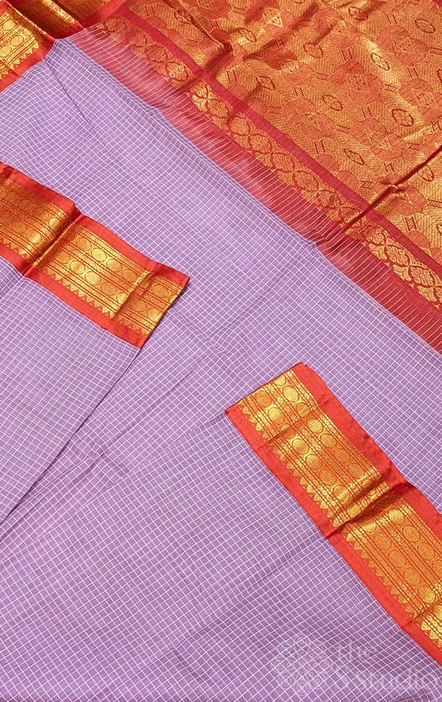 Lavender checked gadwal cotton saree with red border