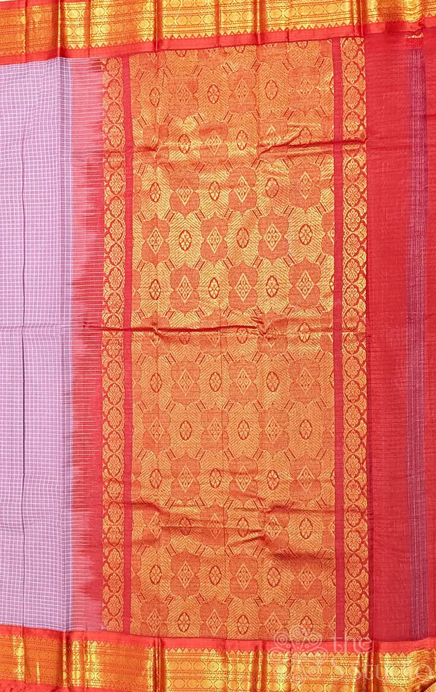 Lavender checked gadwal cotton saree with red border