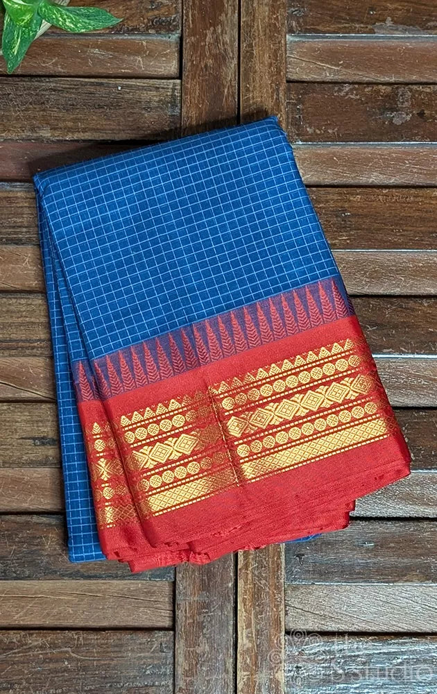Midnight blue checked gadwal cotton saree with red border