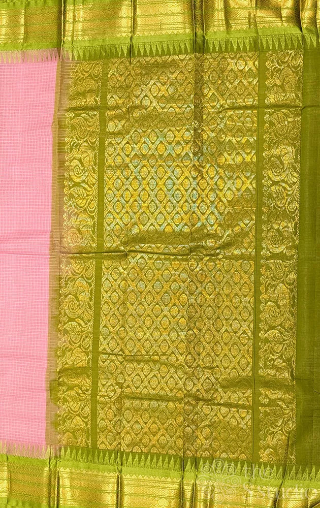 Lotus pink checked gadwal cotton saree with green border