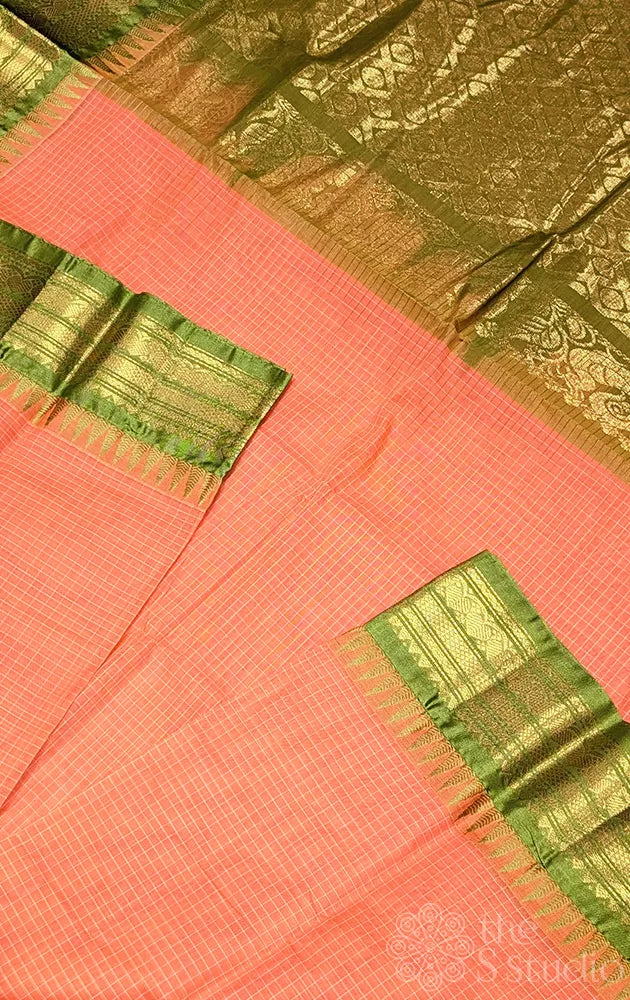 Orange checked gadwal cotton saree with green temple border