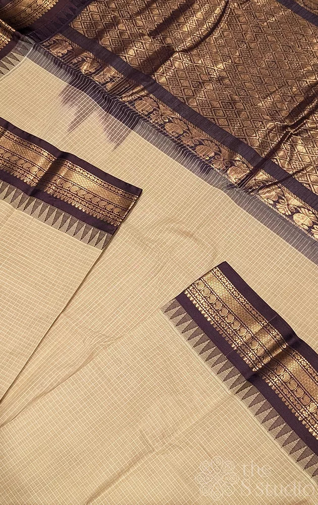Beige gadwal cotton saree with checks