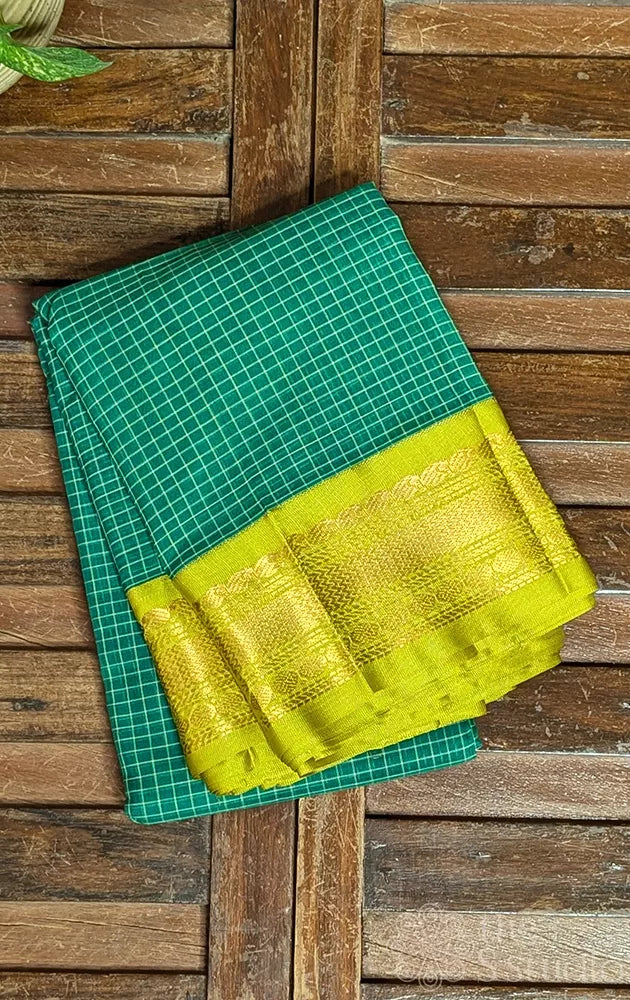 Dark green checked gadwal cotton saree with lemon green border