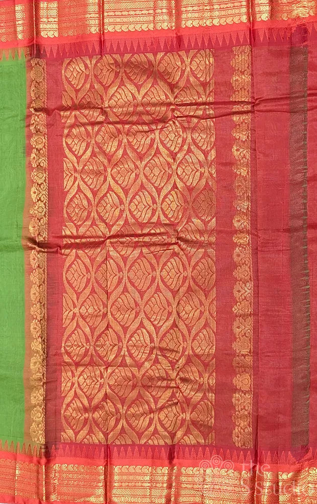 Green gadwal cotton saree with red border