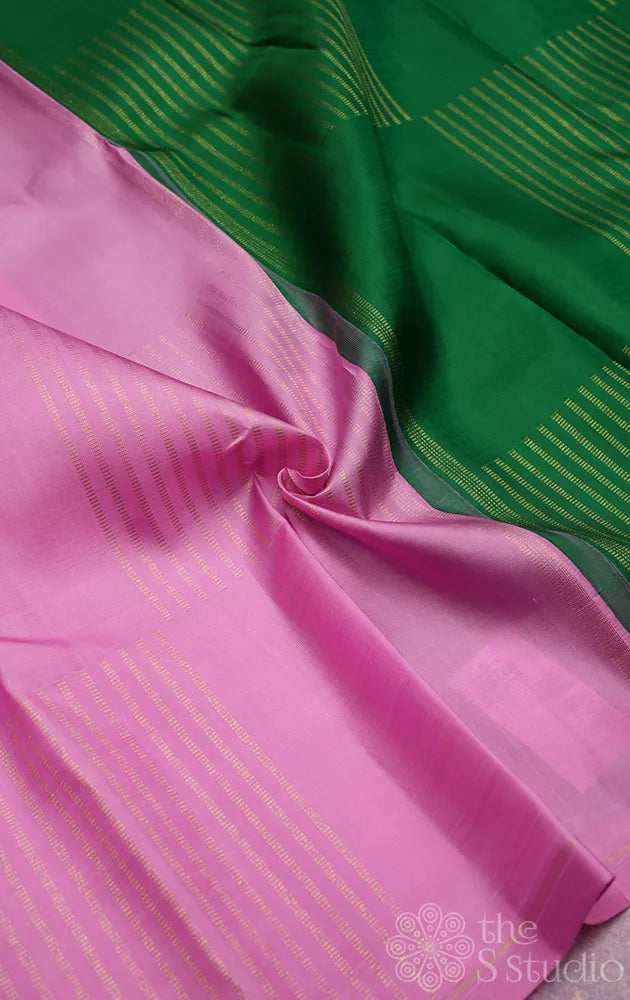 Light pink zari lines kanchipuram silk saree with green pallu
