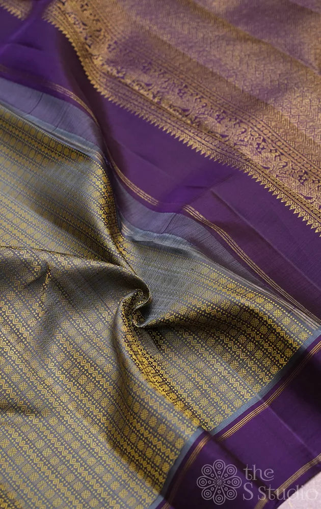Light grey thread woven kanchi silk saree with violet border