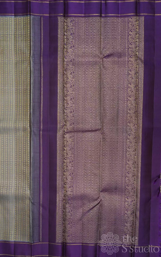 Light grey thread woven kanchi silk saree with violet border