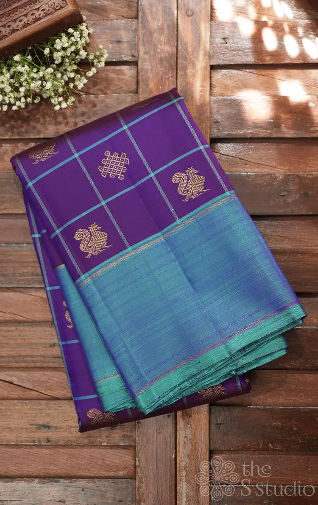 Violet zari checked kancheepuram silk saree with blue border