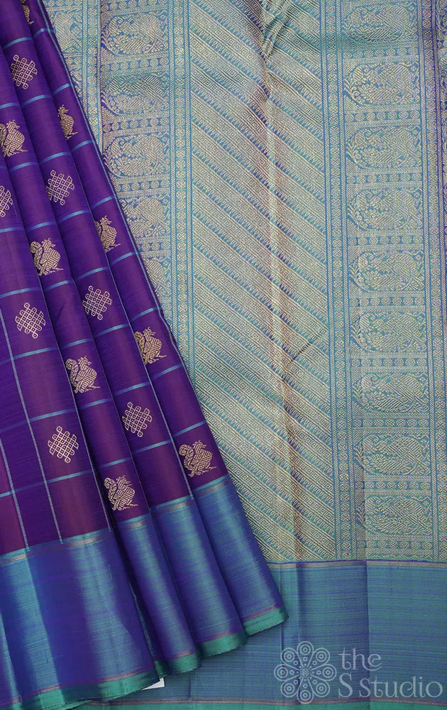 Violet zari checked kancheepuram silk saree with blue border