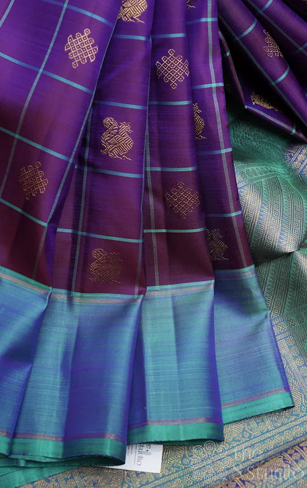 Violet zari checked kancheepuram silk saree with blue border