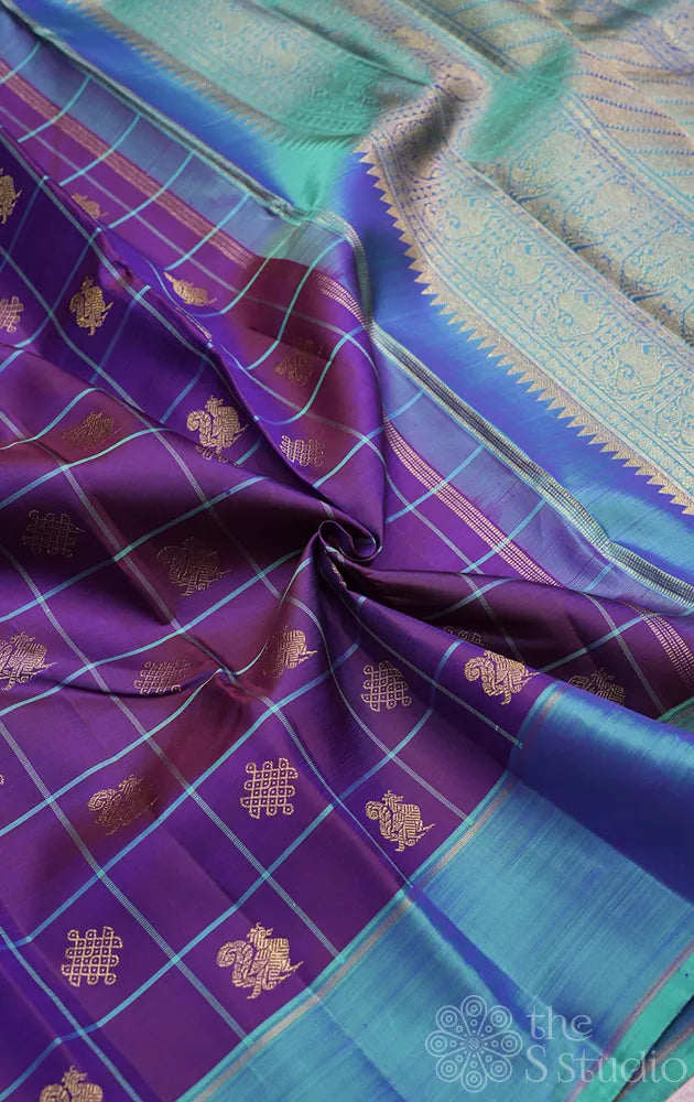 Violet zari checked kancheepuram silk saree with blue border