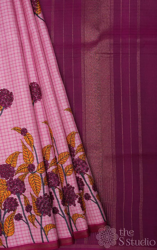 Pink printed kanjivaram silk saree with small checks and magenta pallu