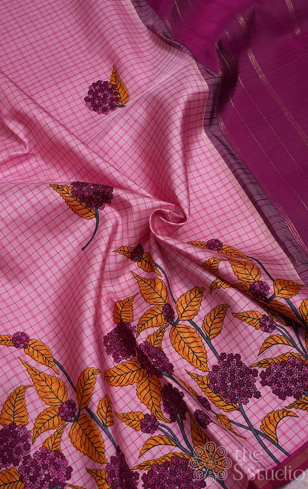Pink printed kanjivaram silk saree with small checks and magenta pallu