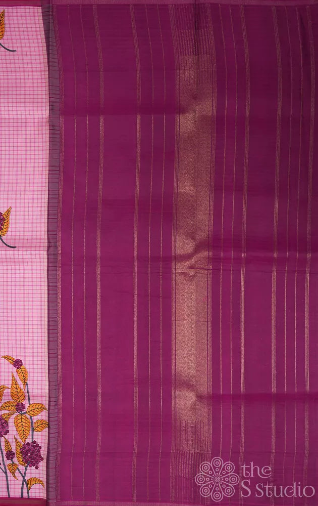 Pink printed kanjivaram silk saree with small checks and magenta pallu