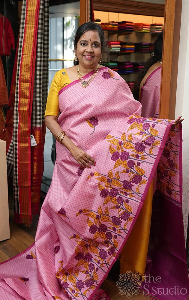 Pink printed kanjivaram silk saree with small checks and magenta pallu